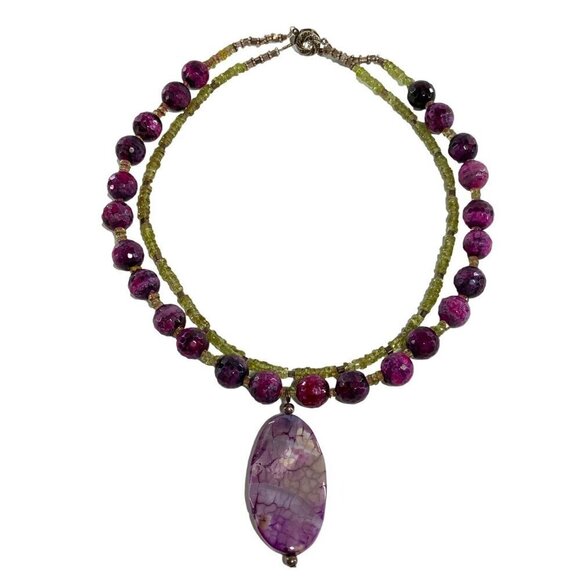 Purple & Green Agate Double-Strand Beaded Necklace With Large Pendant Earrings - Picture 4 of 5